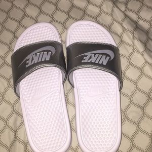 nike silver slides